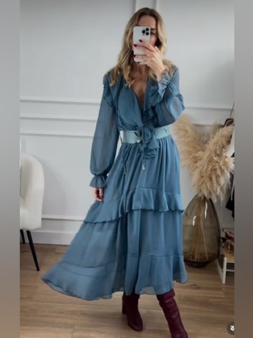 Zara Slate Blue Ruffled V-Neck Maxi Dress - Picture 11 of 13